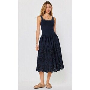 Current Air Navy Eyelet Drop Waist Midi Dress Crochet Sleeveless Knit Top Sz M